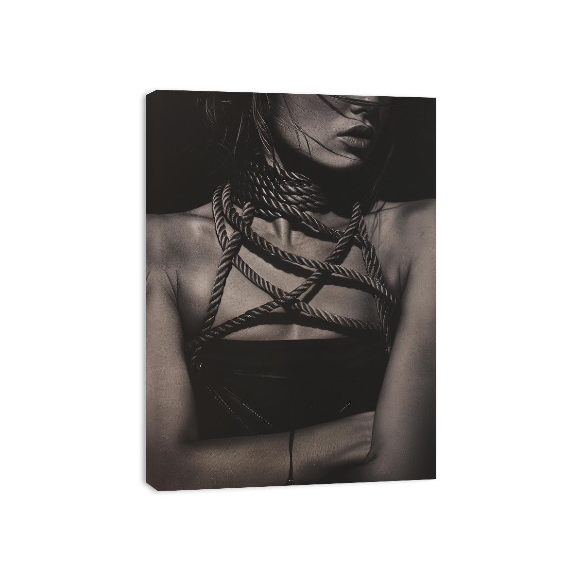 Black and white fashion portrait canvas with rope detail for luxury bedroom decor.