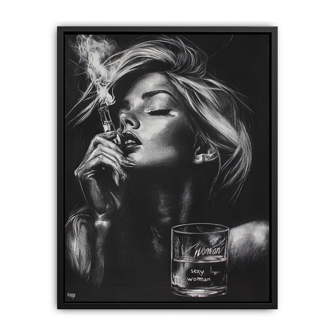 Glam black and white woman portrait canvas with perfume and smoke for bedroom decor.