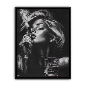 Glam black and white woman portrait canvas with perfume and smoke for bedroom decor.
