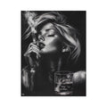 Glam black and white woman portrait canvas with perfume and smoke for bedroom decor.