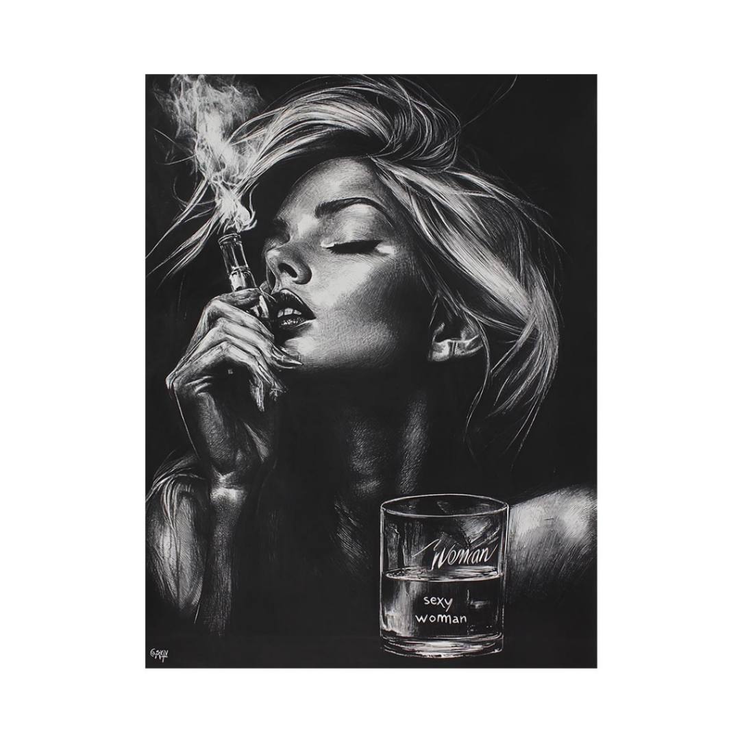 Glam black and white woman portrait canvas with perfume and smoke for bedroom decor.