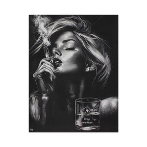 Glam black and white woman portrait canvas with perfume and smoke for bedroom decor.