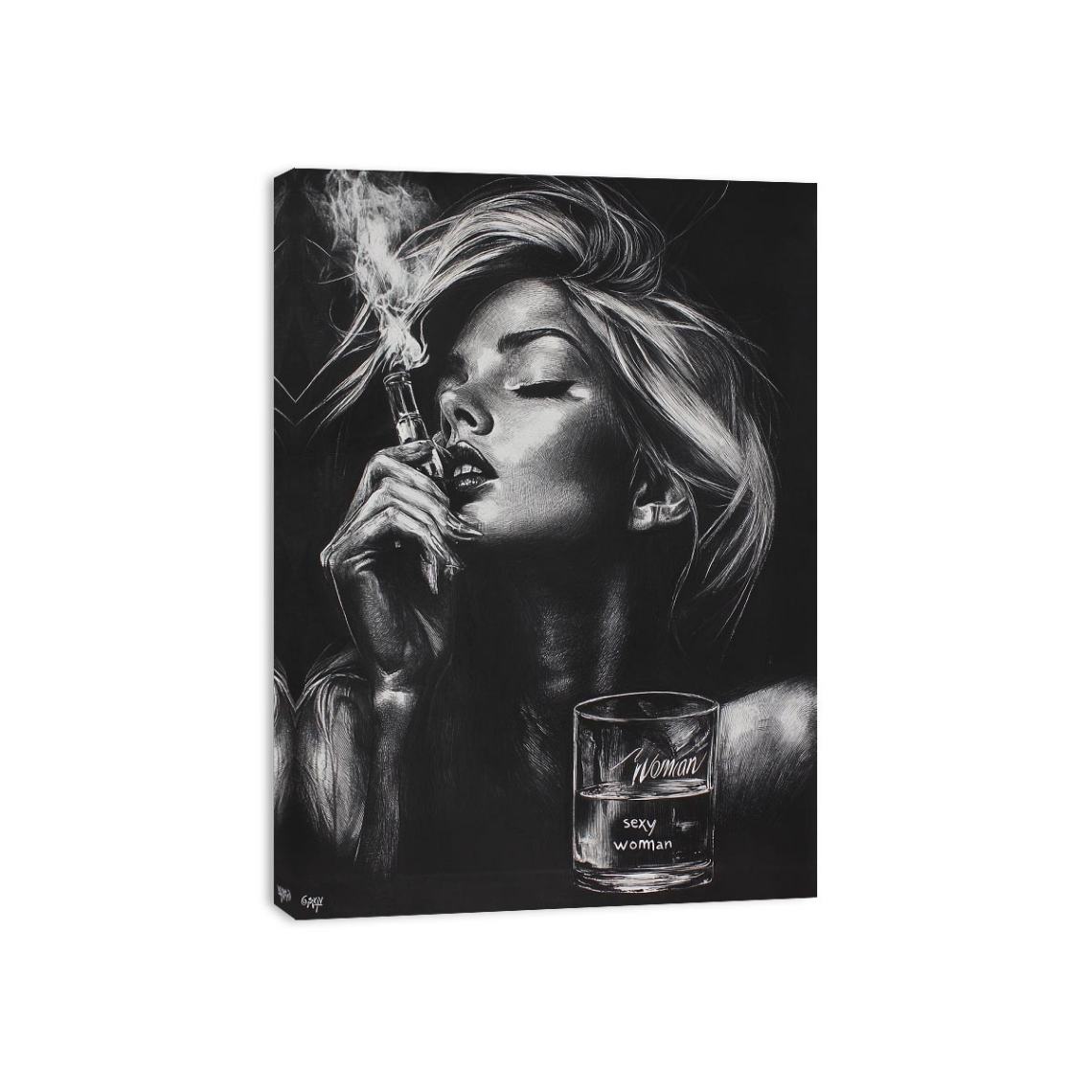 Glam black and white woman portrait canvas with perfume and smoke for bedroom decor.