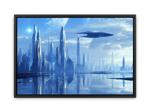 Futuristic cityscape canvas art for modern office decor.