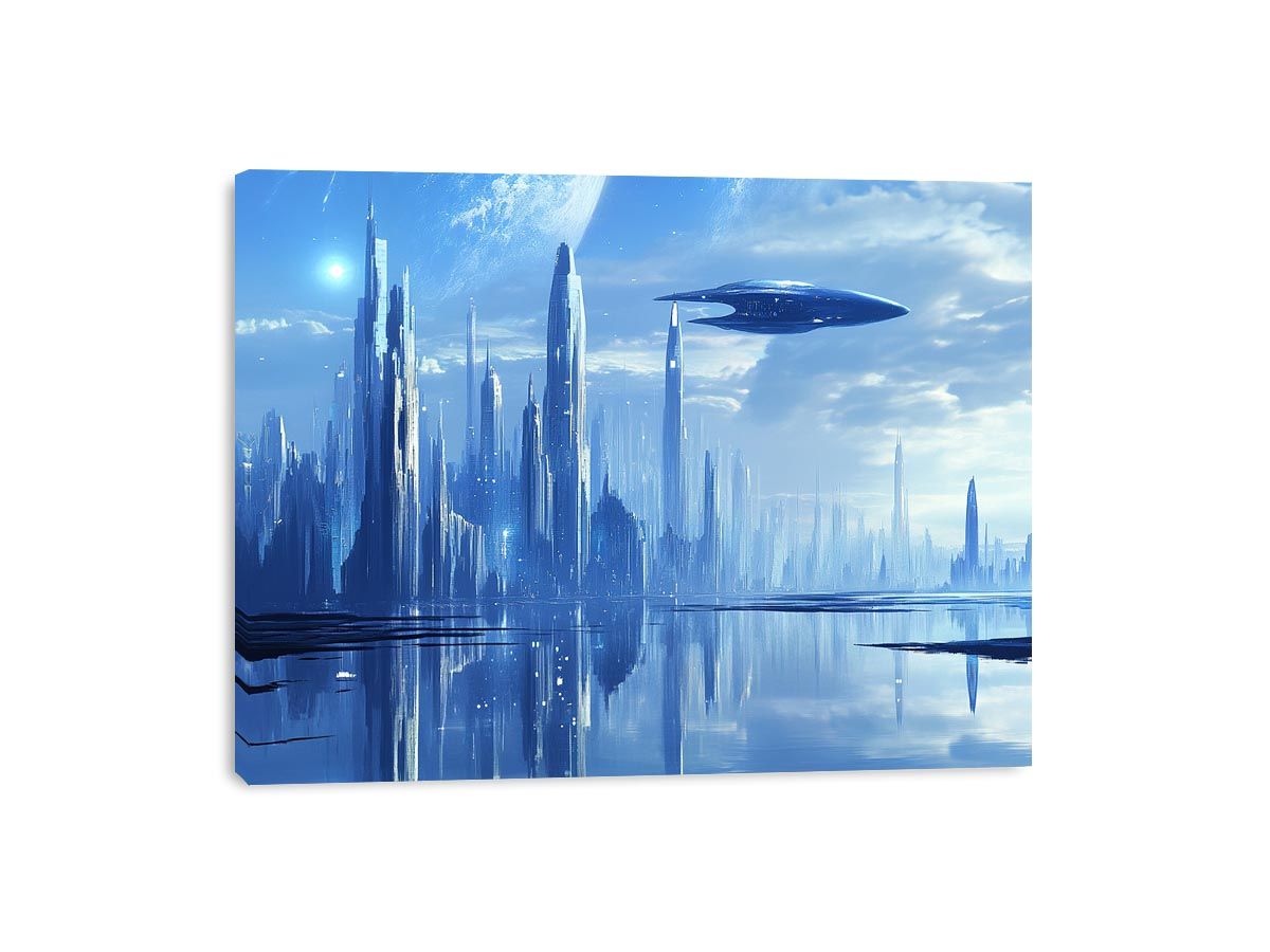 Futuristic cityscape canvas art for modern office decor.