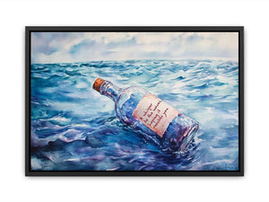 Watercolor message in a bottle floating on ocean waves for coastal living room wall decor.