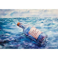 Watercolor message in a bottle floating on ocean waves for coastal living room wall decor.