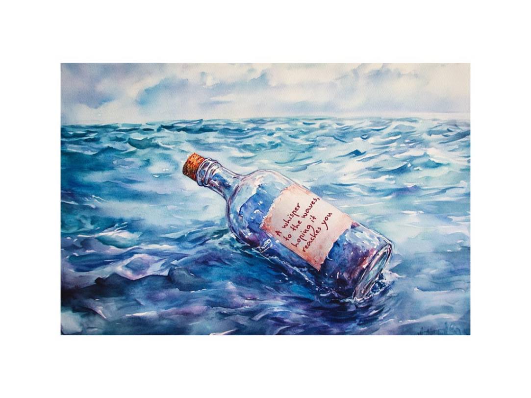 Watercolor message in a bottle floating on ocean waves for coastal living room wall decor.