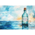 Watercolor bottle standing in calm ocean waters for coastal bedroom and living room decor.