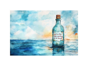 Watercolor bottle standing in calm ocean waters for coastal bedroom and living room decor.