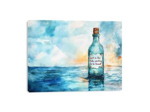 Watercolor bottle standing in calm ocean waters for coastal bedroom and living room decor.