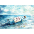 Watercolor message bottle floating across ocean waves for coastal home wall art.