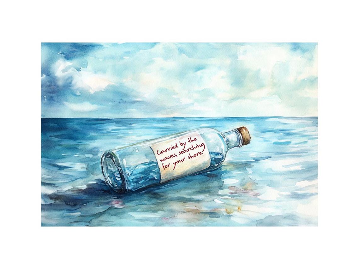 Watercolor message bottle floating across ocean waves for coastal home wall art.