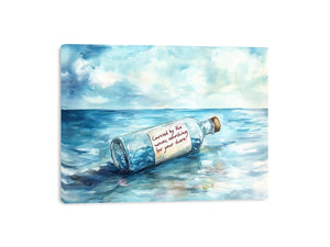 Watercolor message bottle floating across ocean waves for coastal home wall art.