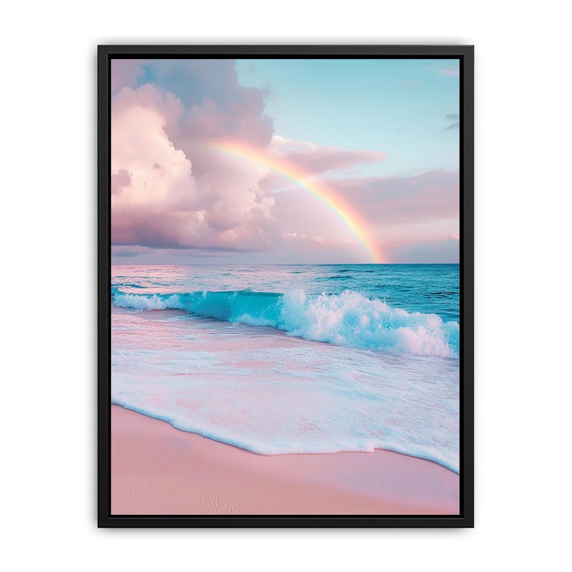 Pastel rainbow over ocean waves canvas art for coastal bedroom decor.