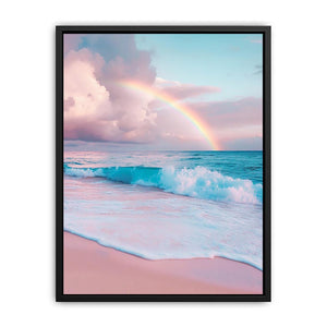 Pastel rainbow over ocean waves canvas art for coastal bedroom decor.