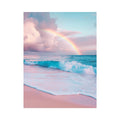 Pastel rainbow over ocean waves canvas art for coastal bedroom decor.