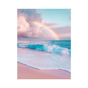 Pastel rainbow over ocean waves canvas art for coastal bedroom decor.