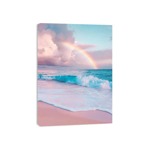 Pastel rainbow over ocean waves canvas art for coastal bedroom decor.