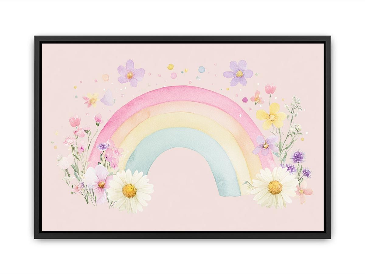 Watercolor rainbow and flowers wall art for nursery or kids bedroom decor.