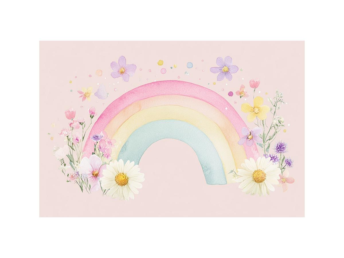 Watercolor rainbow and flowers wall art for nursery or kids bedroom decor.