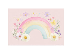Watercolor rainbow and flowers wall art for nursery or kids bedroom decor.