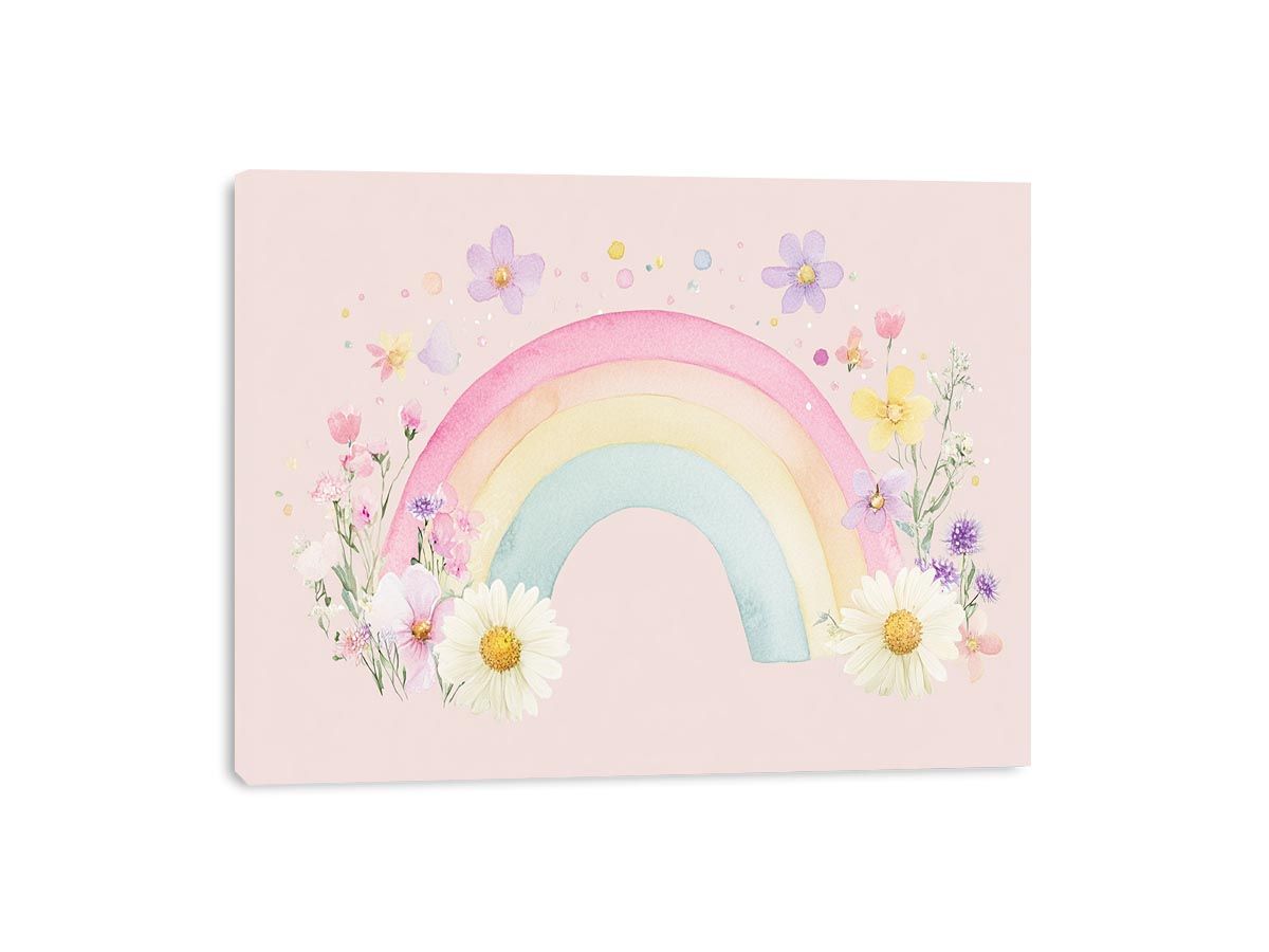 Watercolor rainbow and flowers wall art for nursery or kids bedroom decor.