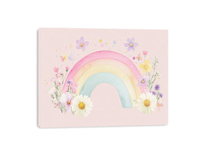 Watercolor rainbow and flowers wall art for nursery or kids bedroom decor.