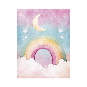 Crescent moon and rainbow canvas art for dreamy nursery decor.