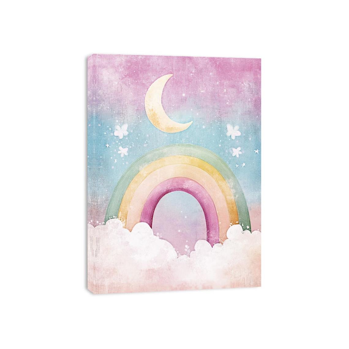 Crescent moon and rainbow canvas art for dreamy nursery decor.