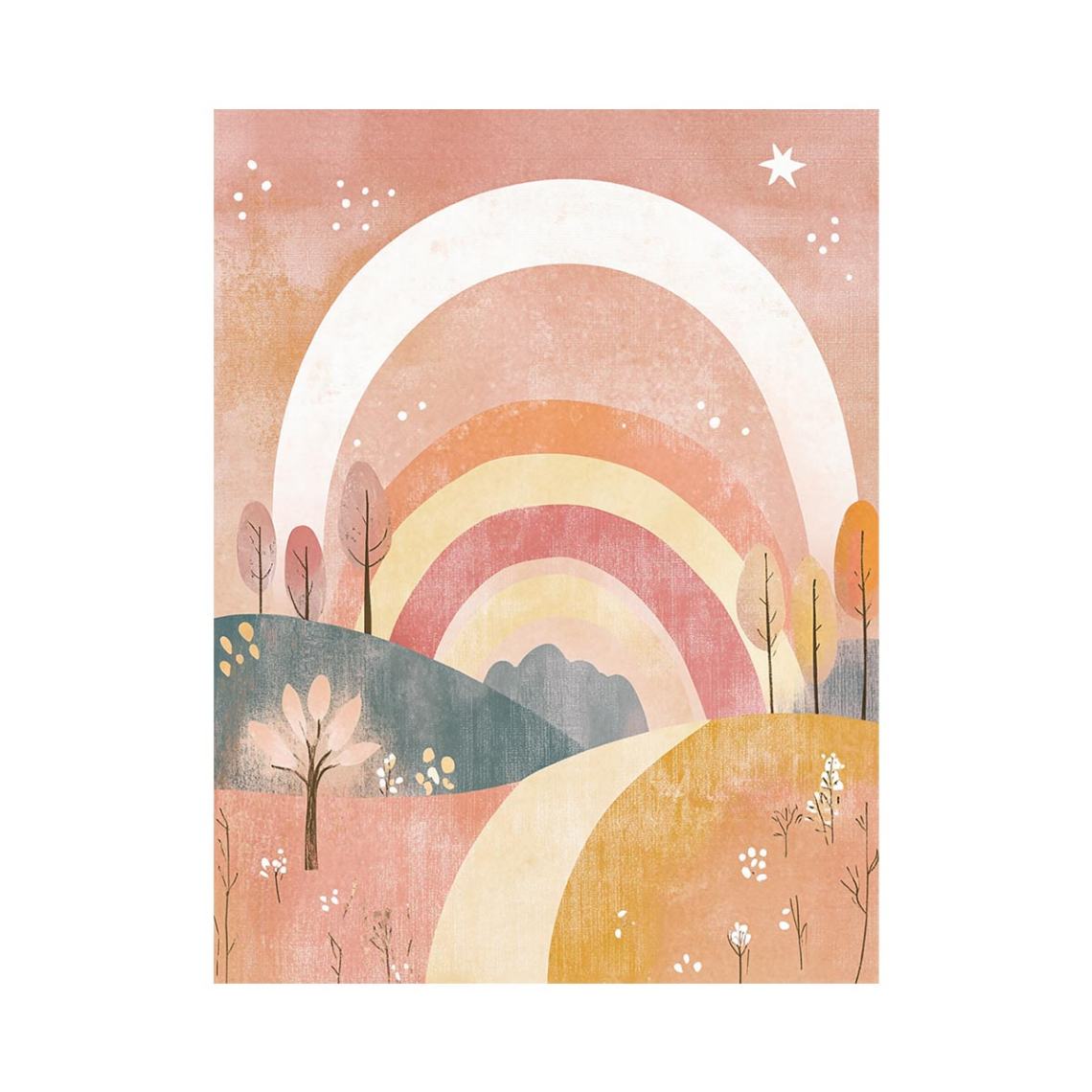 Boho rainbow landscape canvas art for warm nursery or bedroom decor.