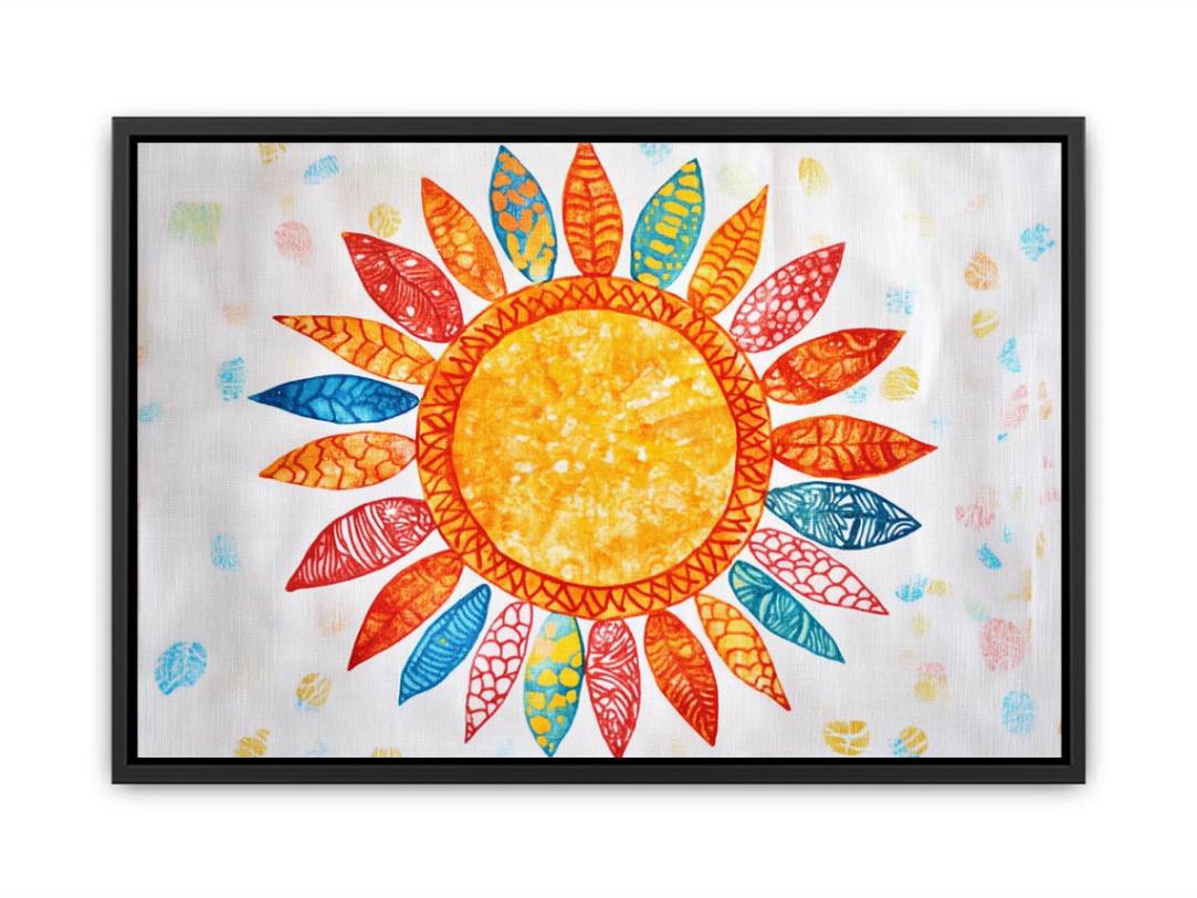 Colorful patterned sun canvas art for kids room or creative office decor.