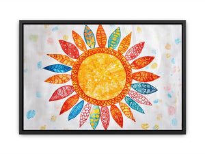 Colorful patterned sun canvas art for kids room or creative office decor.