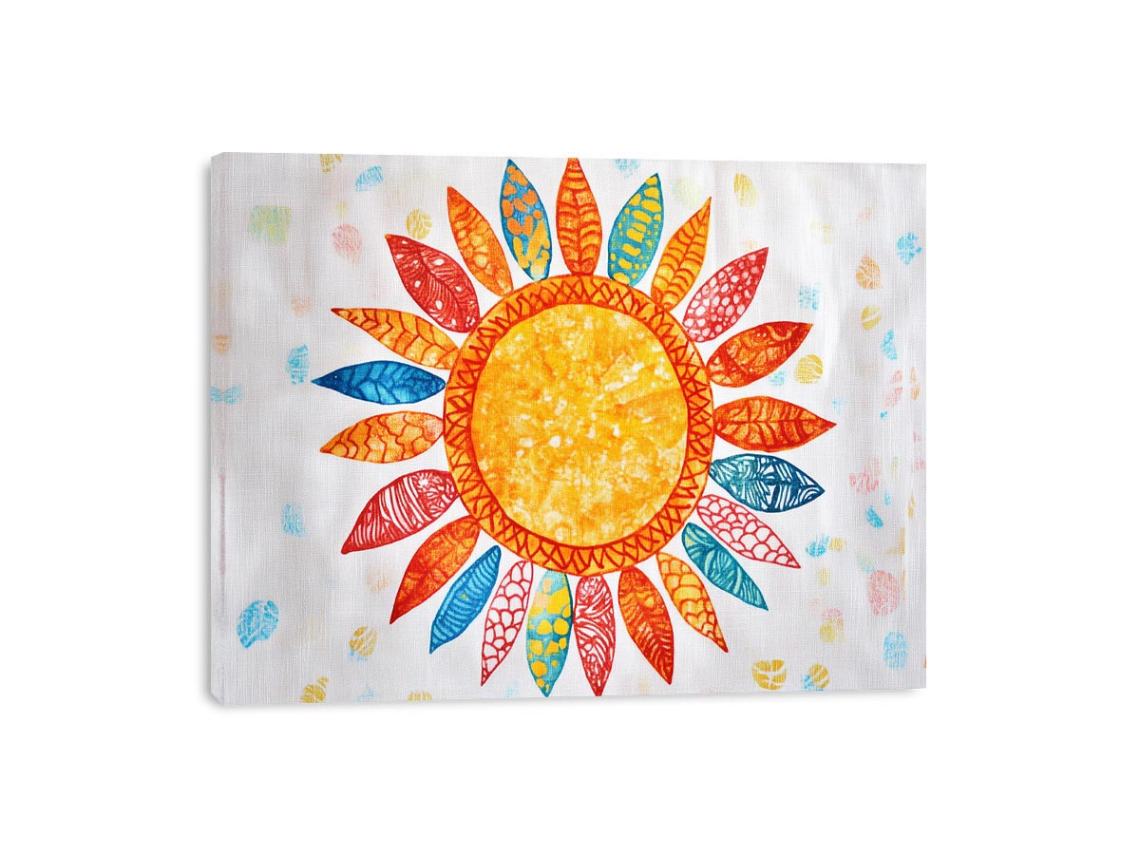 Colorful patterned sun canvas art for kids room or creative office decor.