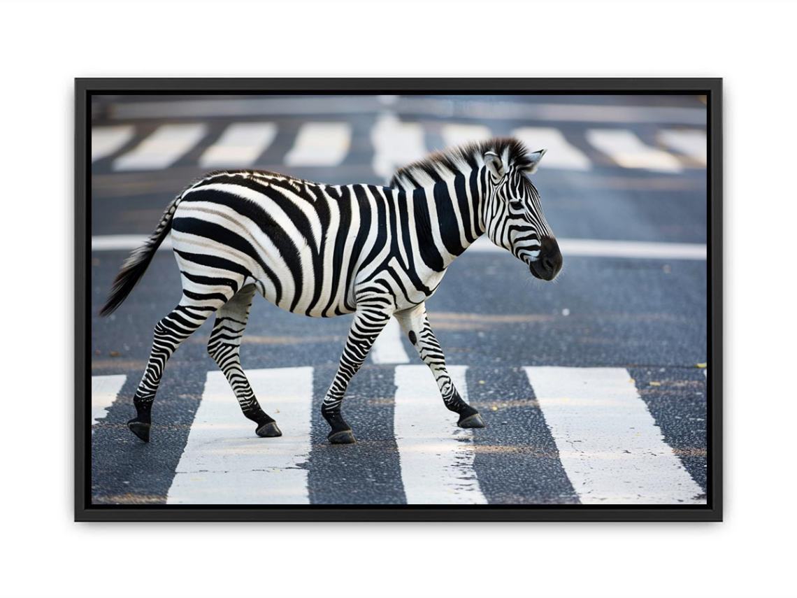 Black and white zebra street photography canvas art for modern office decor.