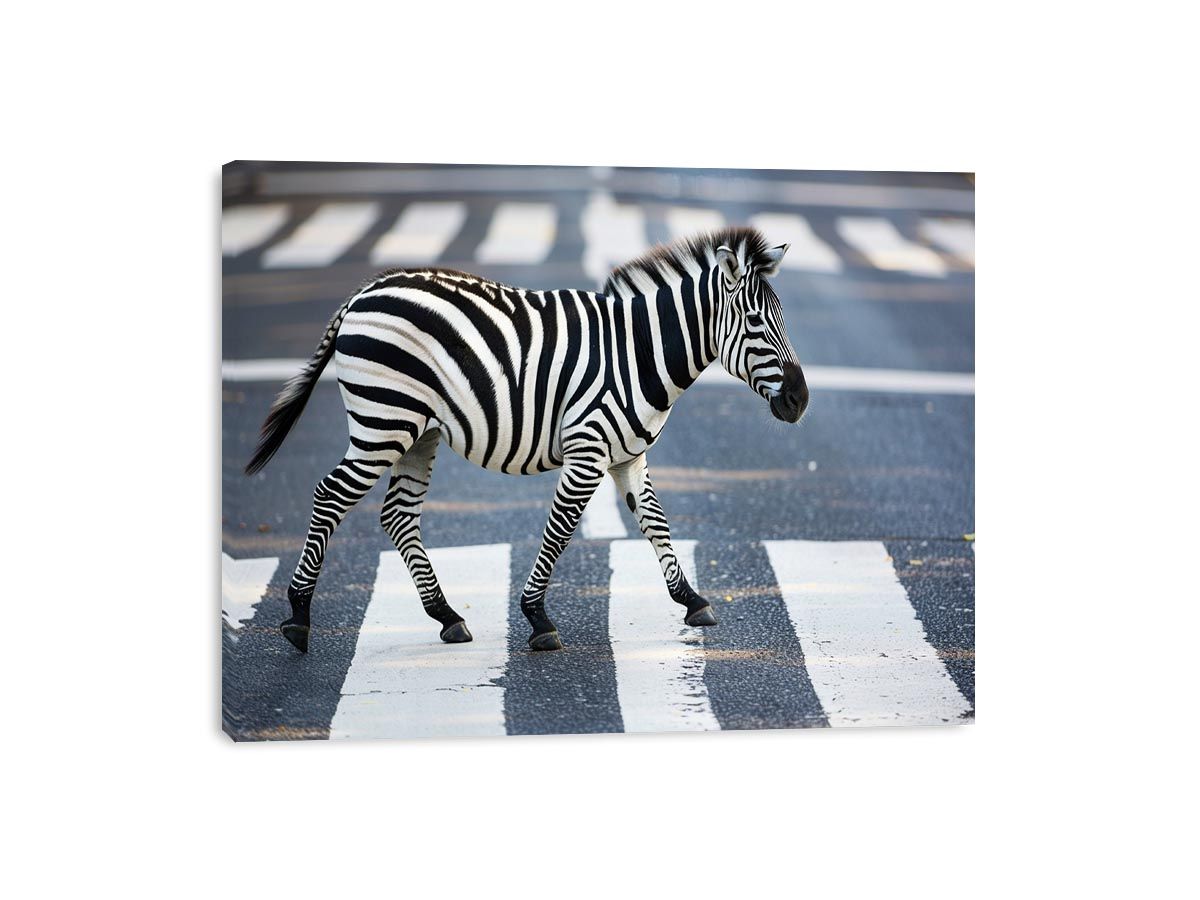 Black and white zebra street photography canvas art for modern office decor.