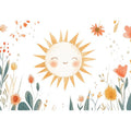 Smiling sun and garden flowers canvas art for nursery wall decor.