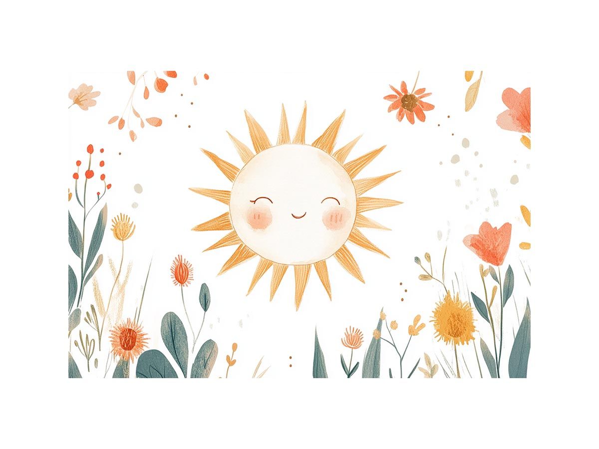Smiling sun and garden flowers canvas art for nursery wall decor.