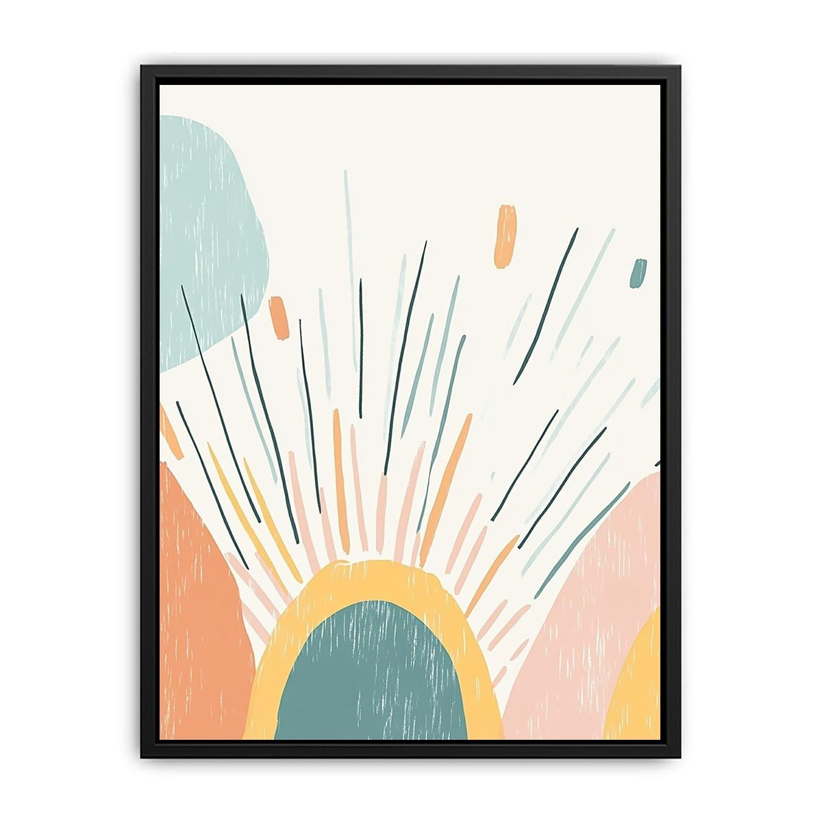 Pastel abstract sunrise canvas art with teal and coral rays for bright modern room decor.