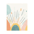 Pastel abstract sunrise canvas art with teal and coral rays for bright modern room decor.