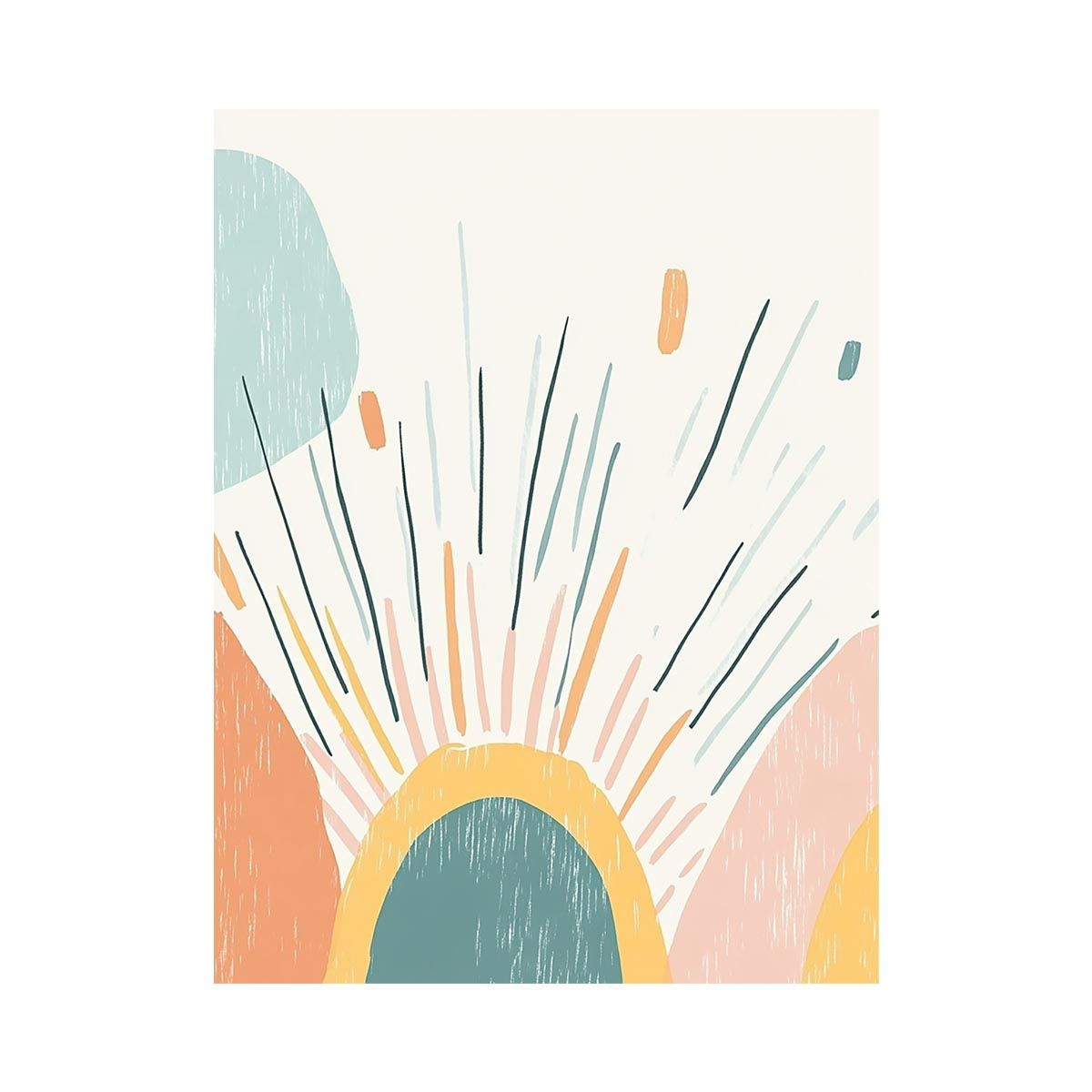 Pastel abstract sunrise canvas art with teal and coral rays for bright modern room decor.