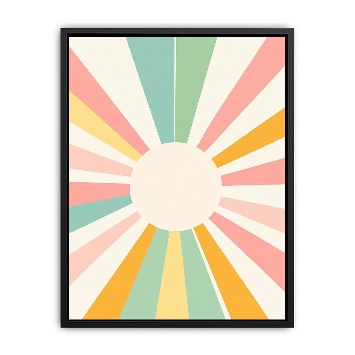 Pastel geometric sunburst wall art with soft colorful rays for a cheerful modern nursery or office.