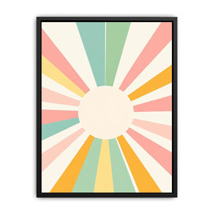 Pastel geometric sunburst wall art with soft colorful rays for a cheerful modern nursery or office.
