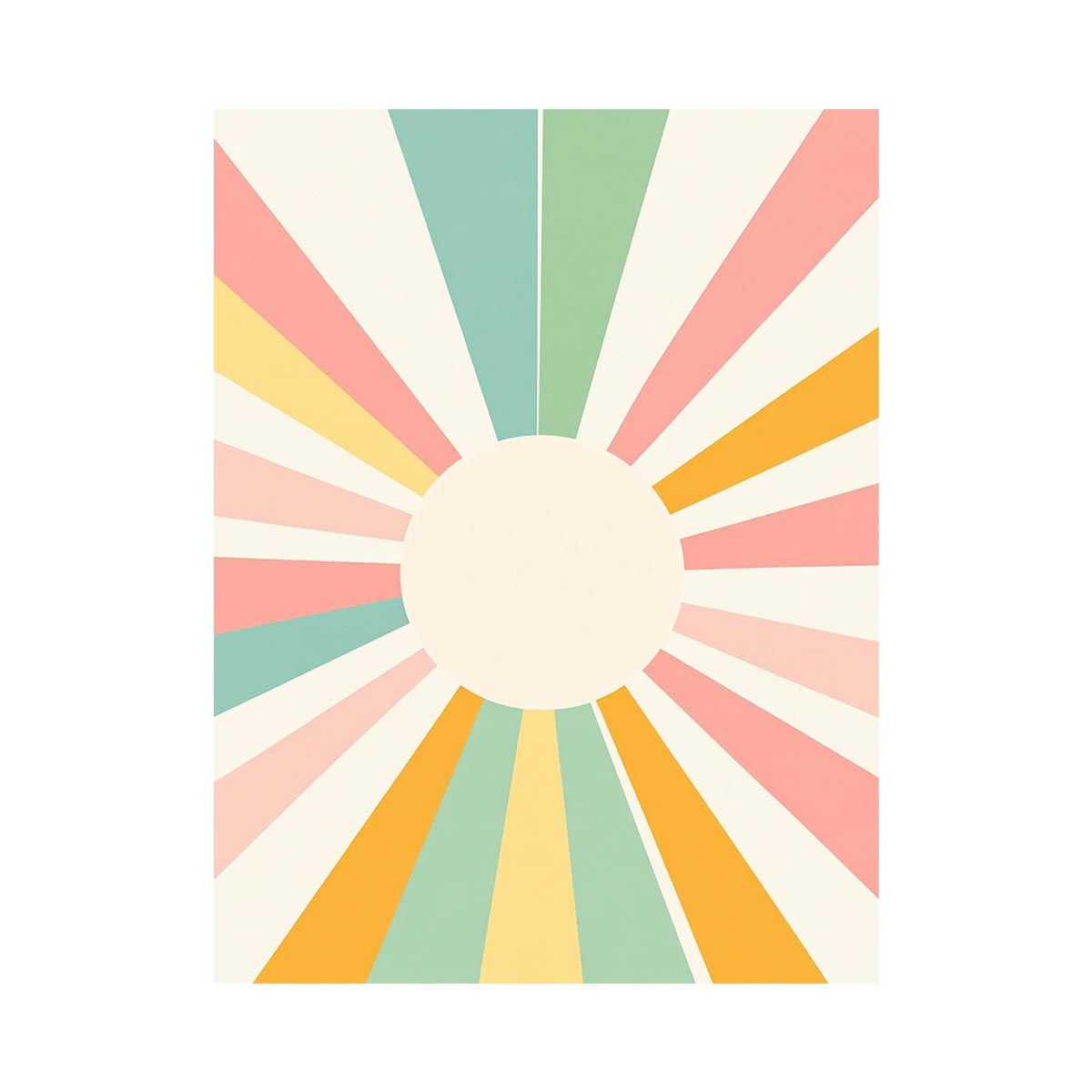 Pastel geometric sunburst wall art with soft colorful rays for a cheerful modern nursery or office.