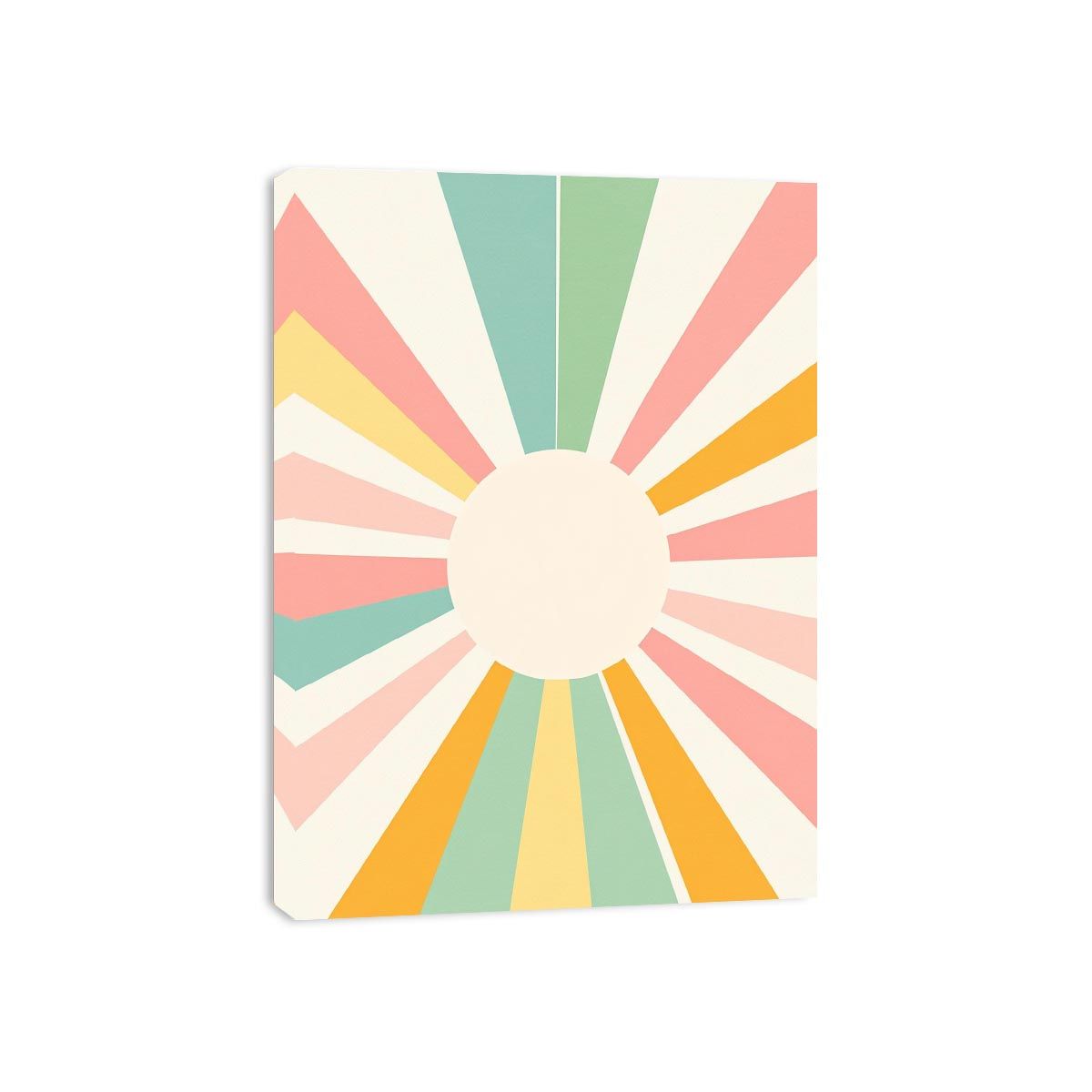 Pastel geometric sunburst wall art with soft colorful rays for a cheerful modern nursery or office.