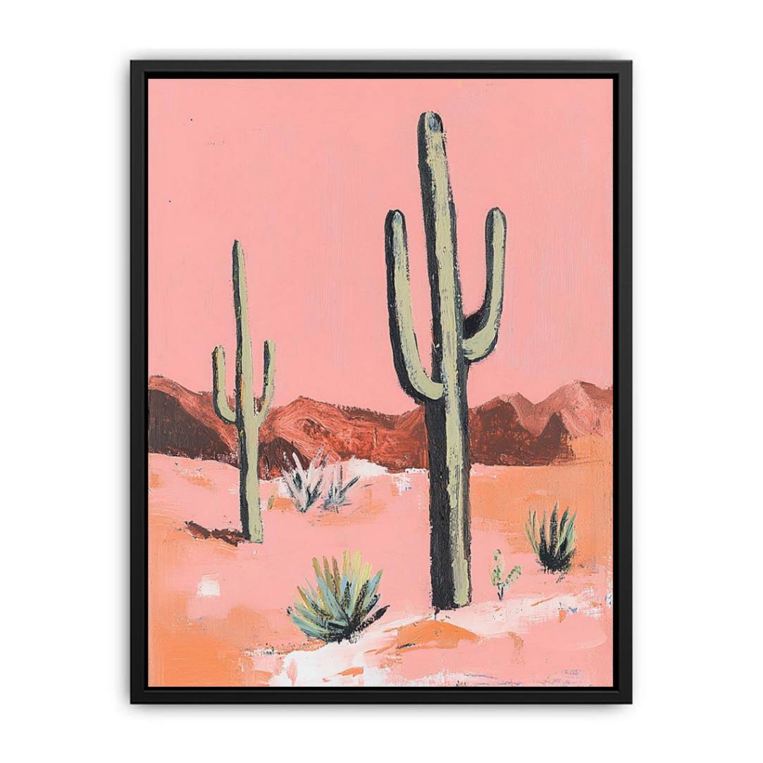 Pink desert cactus canvas art with saguaro plants and mountains for warm southwestern decor.