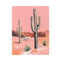 Pink desert cactus canvas art with saguaro plants and mountains for warm southwestern decor.