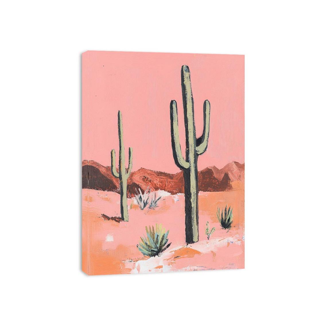 Pink desert cactus canvas art with saguaro plants and mountains for warm southwestern decor.