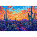 Vibrant desert cactus sunset wall art with saguaro, mountains and bold colors for living room decor.