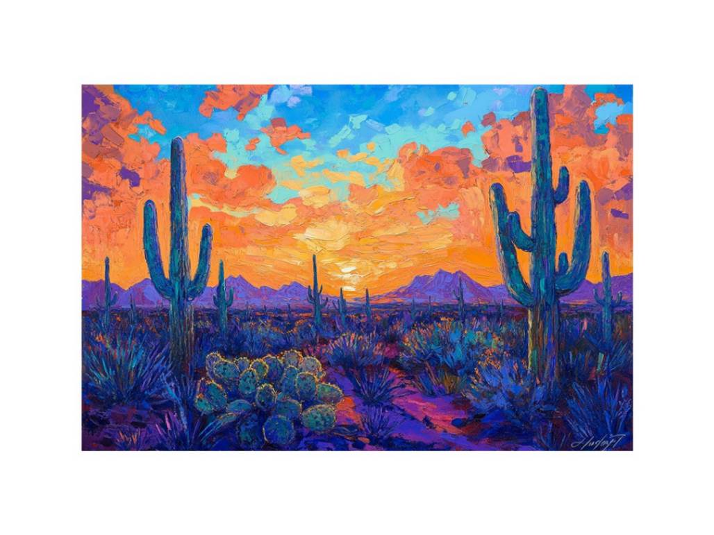 Vibrant desert cactus sunset wall art with saguaro, mountains and bold colors for living room decor.